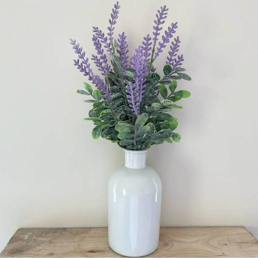 Handmade Artificial Lavender Arrangement in Milk Glass Vase
